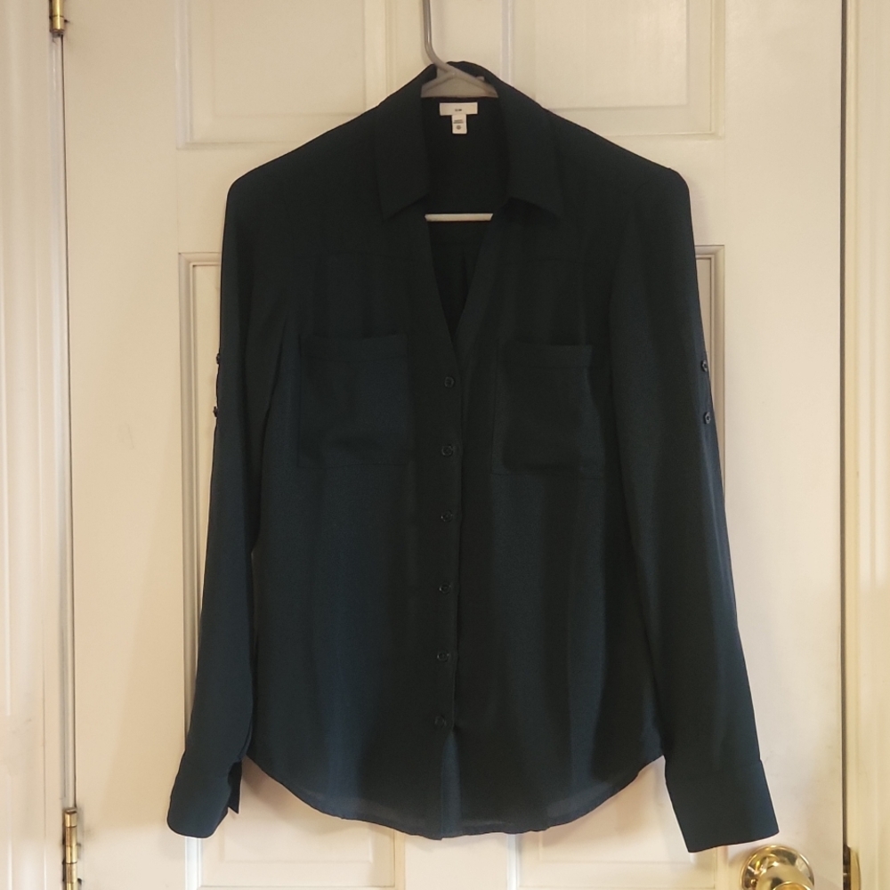 Express Portofino Slim Button Up Shirt Blouse Business Casual Office Dark Green